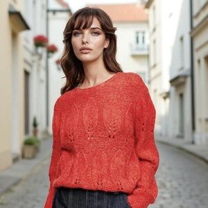TOPSHOP red knit petal pointelle sweater 4 6 s
